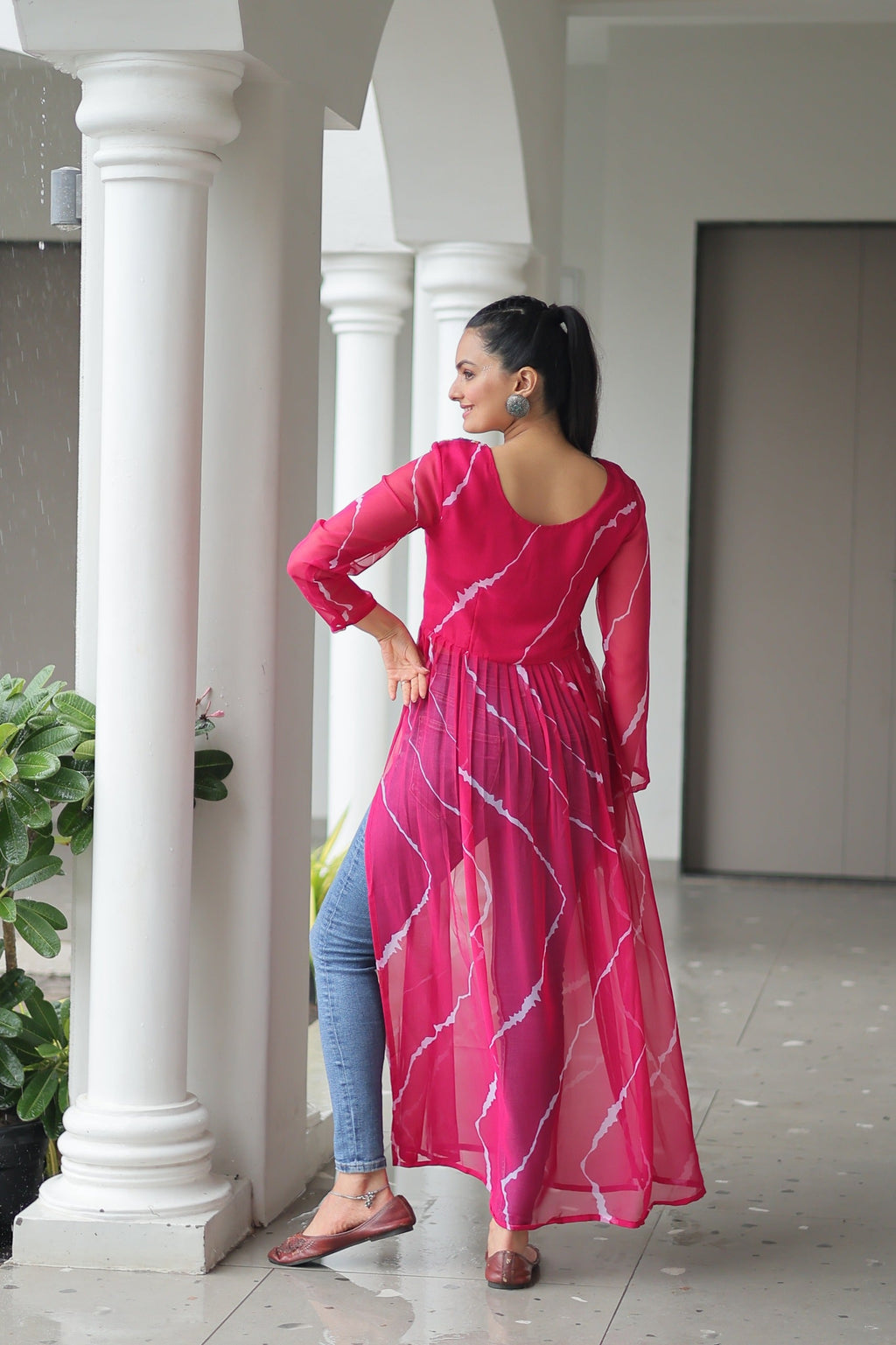 Prazu Fashion Pink Georgette Leheriya Print Work With Kutchi Patchework Navaratri Gown | Grocsy