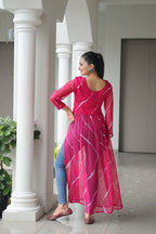 Prazu Fashion Pink Georgette Leheriya Print Work With Kutchi Patchework Navaratri Gown | Grocsy