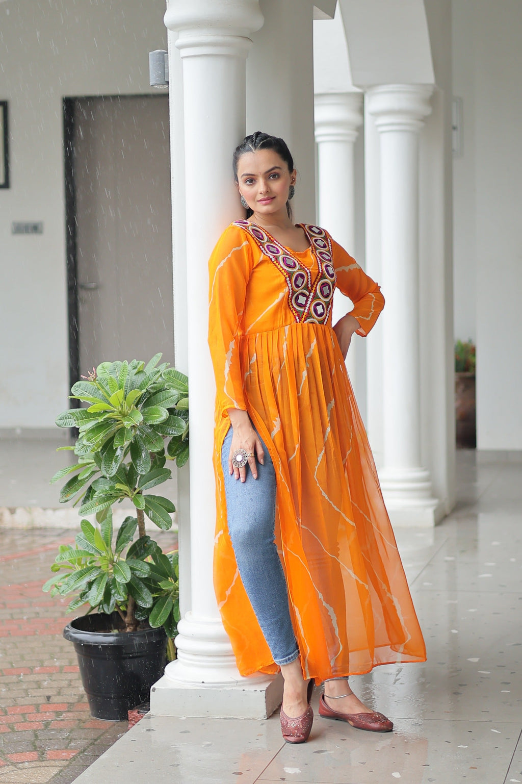 Prazu Fashion Yellow Georgette Leheriya Print Work With Kutchi Patchework Navaratri Gown | Grocsy