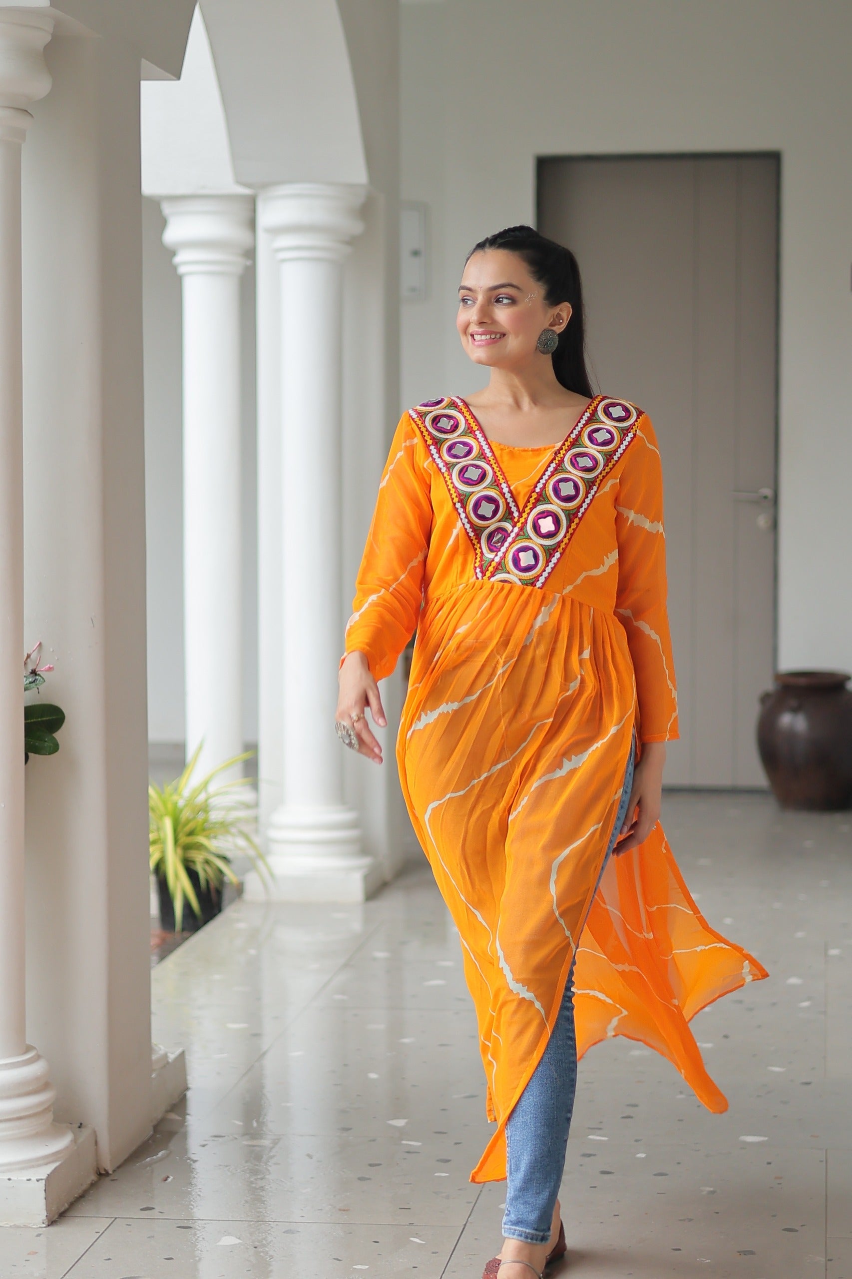 Prazu Fashion Yellow Georgette Leheriya Print Work With Kutchi Patchework Navaratri Gown | Grocsy