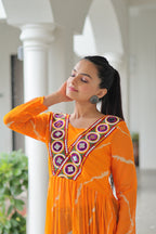Prazu Fashion Yellow Georgette Leheriya Print Work With Kutchi Patchework Navaratri Gown | Grocsy