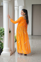 Prazu Fashion Yellow Georgette Leheriya Print Work With Kutchi Patchework Navaratri Gown | Grocsy