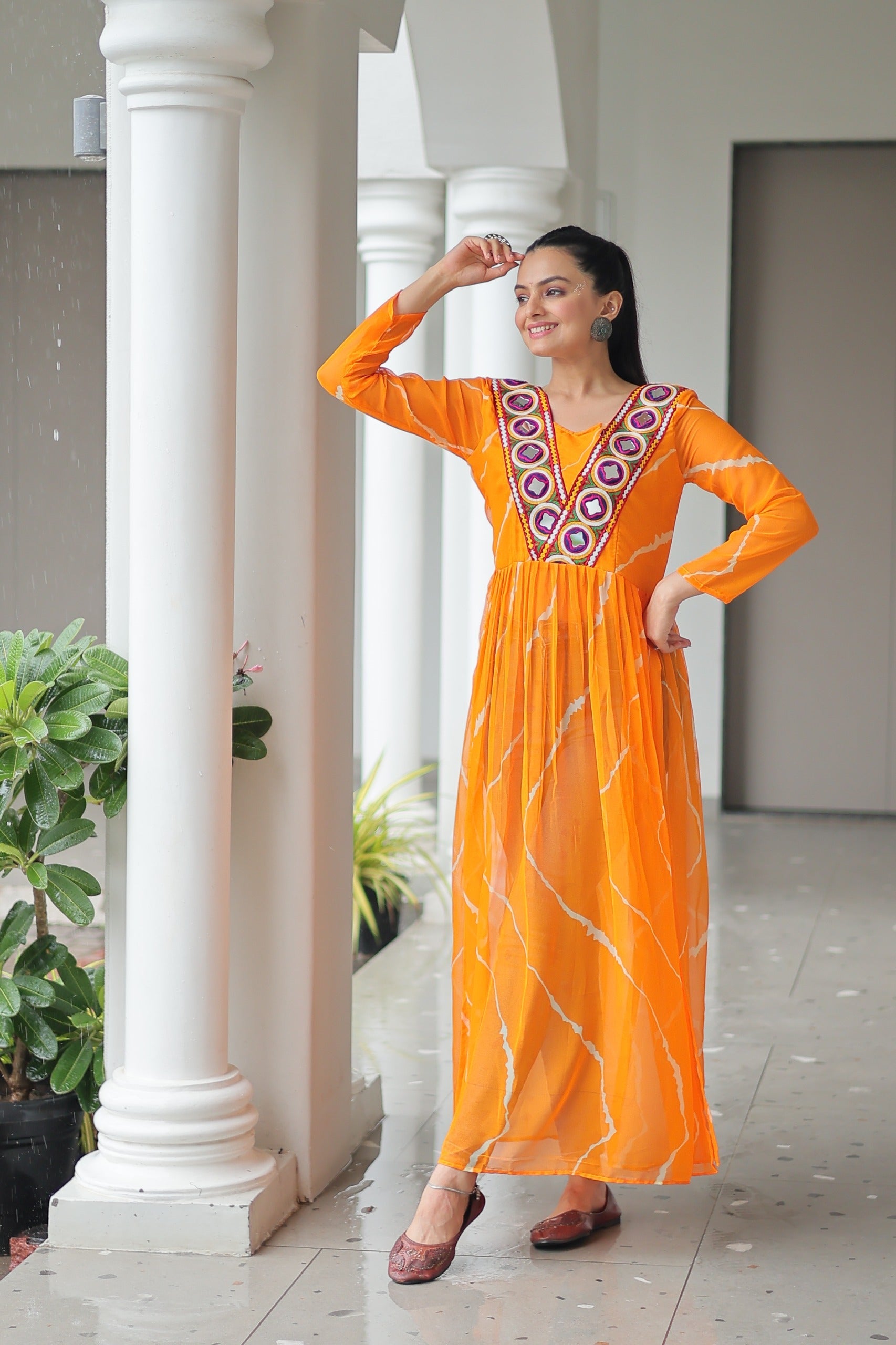 Prazu Fashion Yellow Georgette Leheriya Print Work With Kutchi Patchework Navaratri Gown | Grocsy