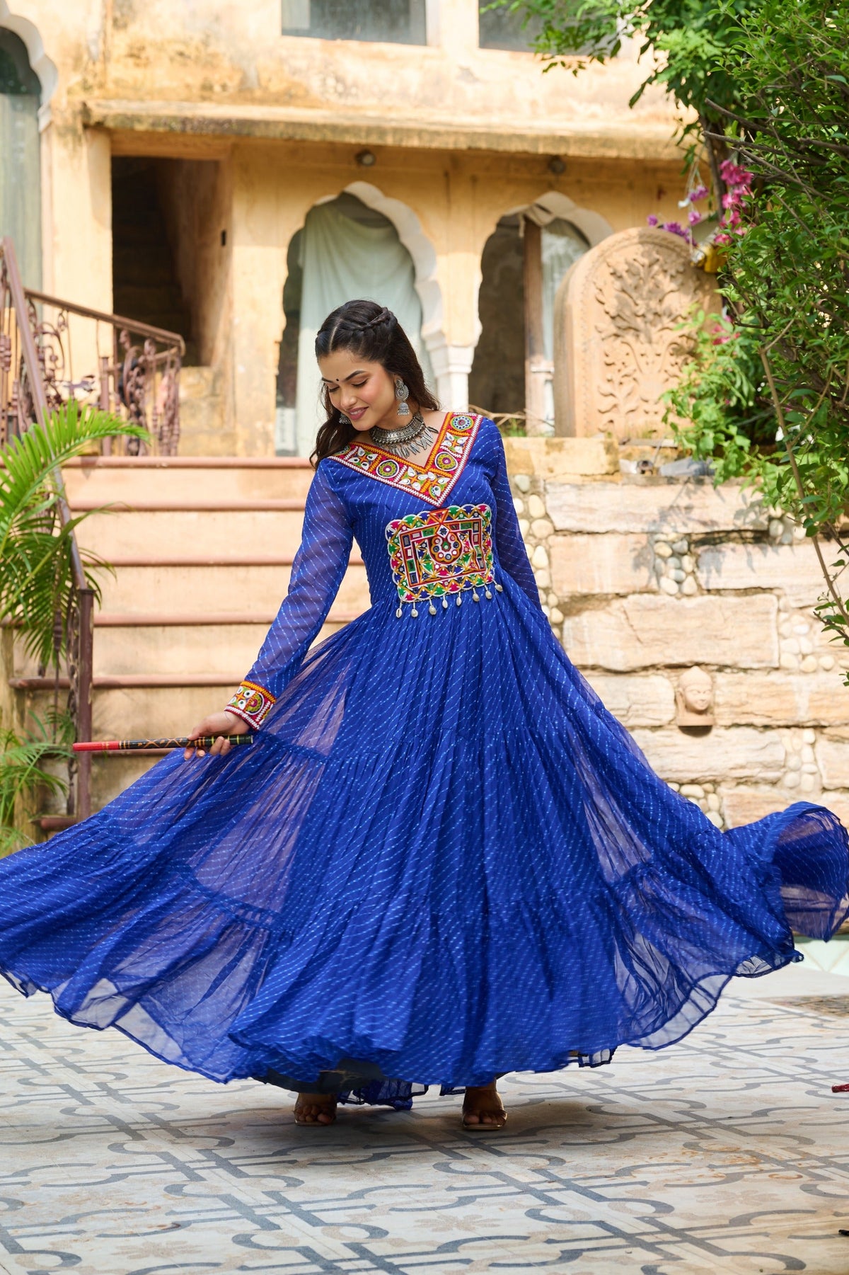 Prazu Fashion Blue Georgette Leheriya Print Work With Kutchi Patchework Navaratri Gown | Grocsy