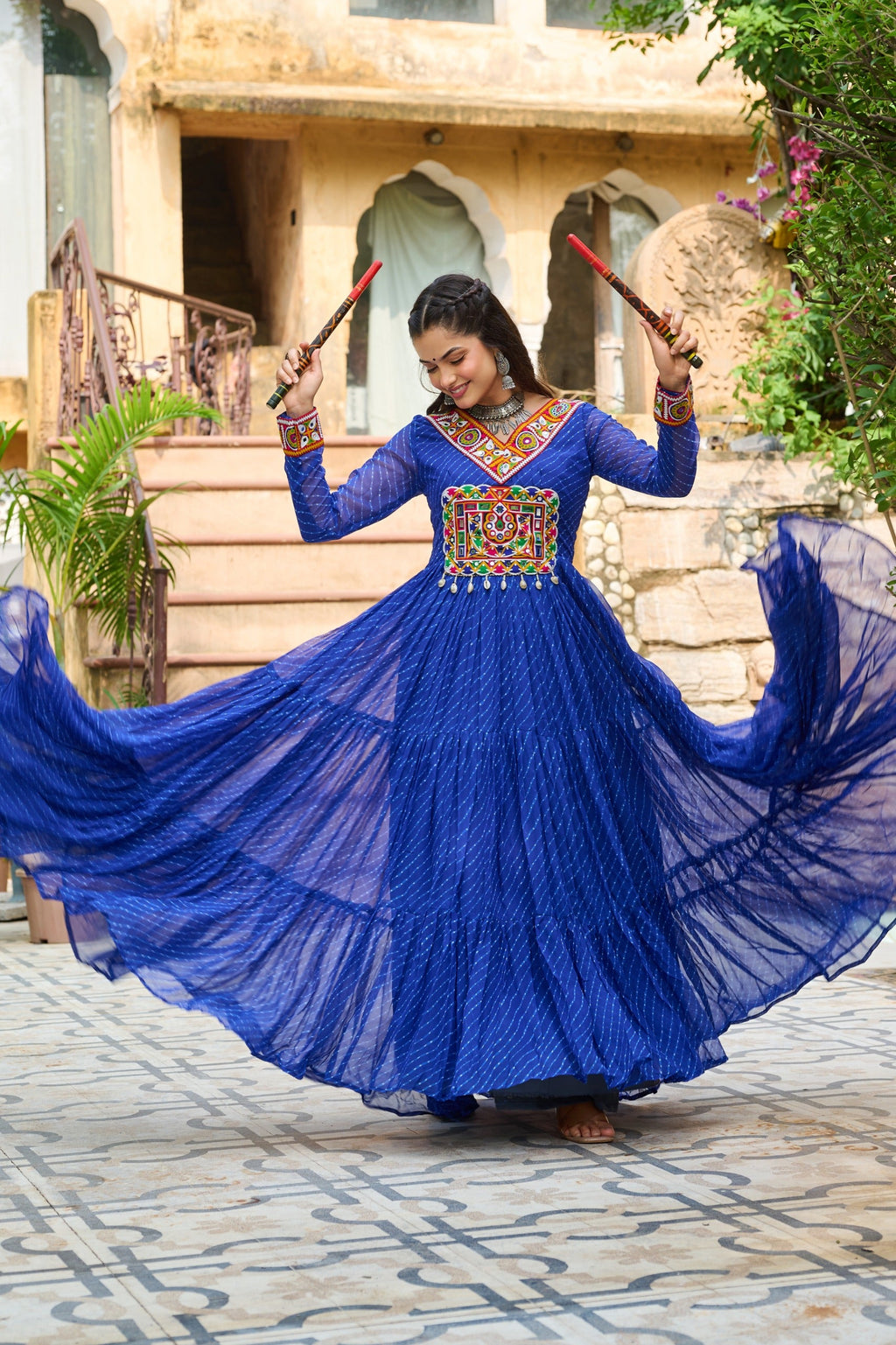 Prazu Fashion Blue Georgette Leheriya Print Work With Kutchi Patchework Navaratri Gown | Grocsy