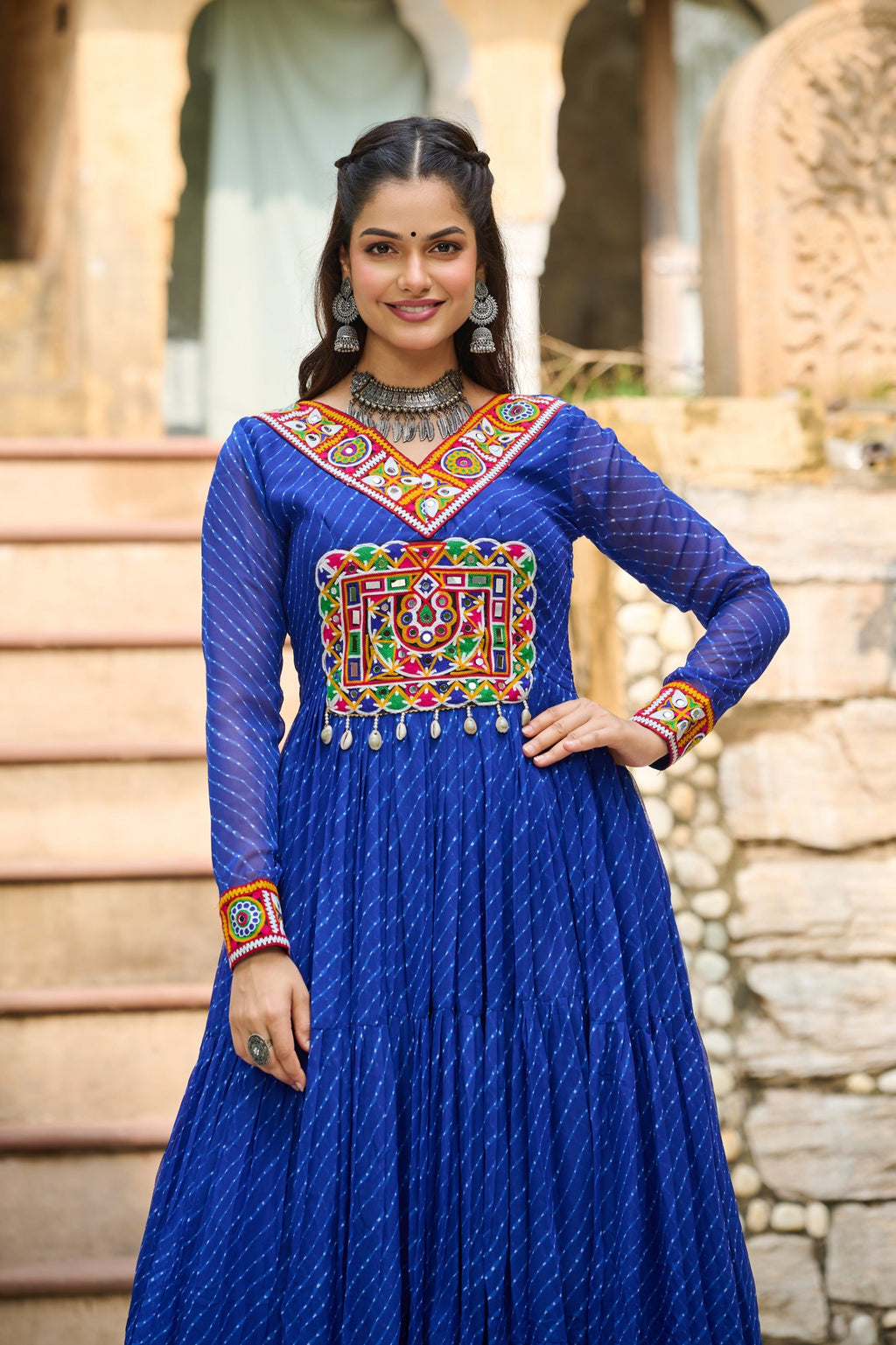 Prazu Fashion Blue Georgette Leheriya Print Work With Kutchi Patchework Navaratri Gown | Grocsy
