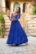 Prazu Fashion Blue Georgette Leheriya Print Work With Kutchi Patchework Navaratri Gown | Grocsy