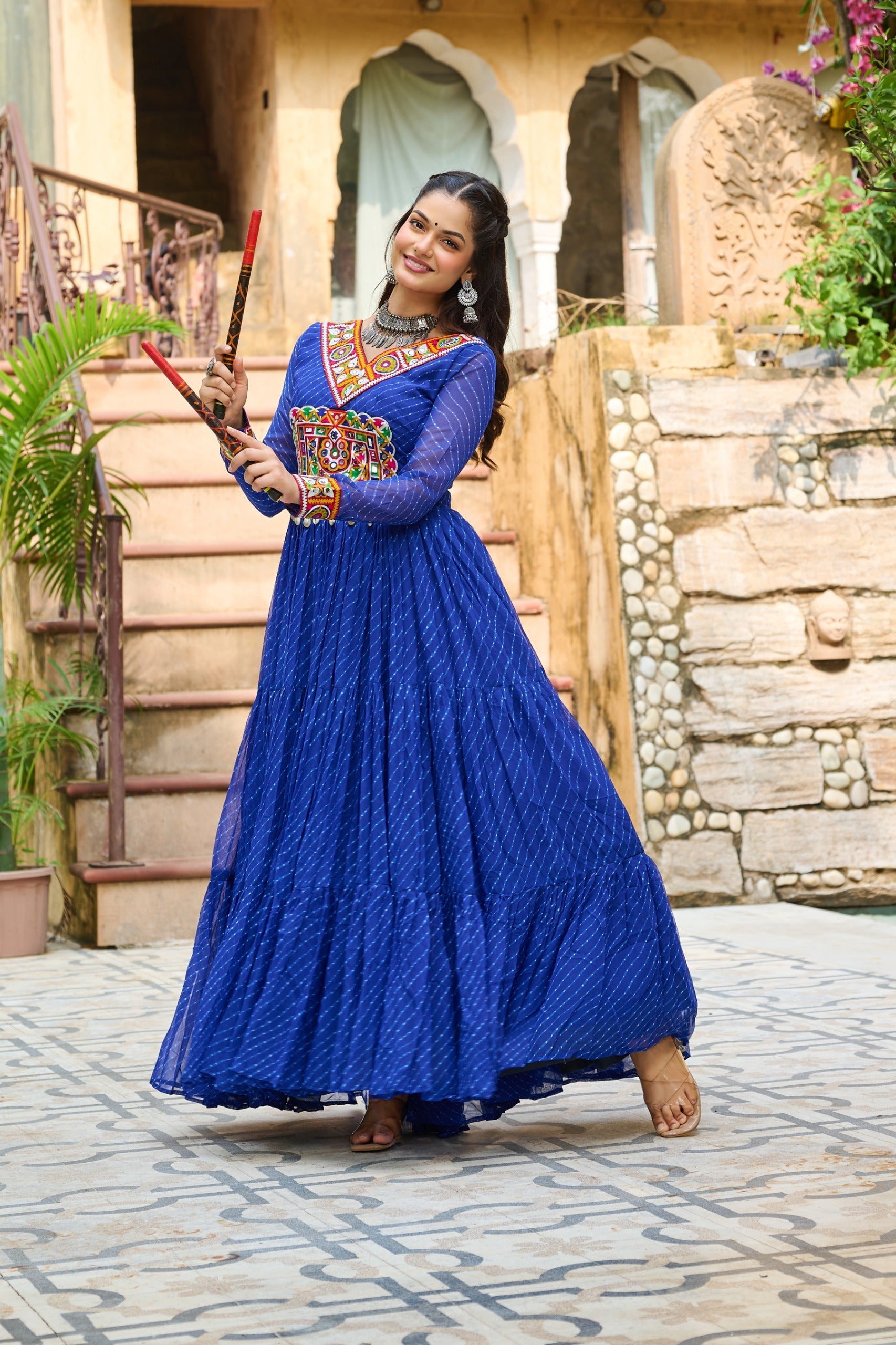 Prazu Fashion Blue Georgette Leheriya Print Work With Kutchi Patchework Navaratri Gown | Grocsy