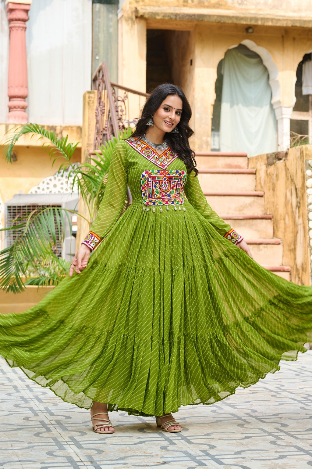 Prazu Fashion Parrot Georgette Leheriya Print Work With Kutchi Patchework Navaratri Gown | Grocsy