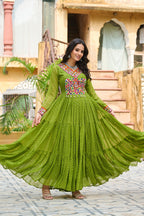 Prazu Fashion Parrot Georgette Leheriya Print Work With Kutchi Patchework Navaratri Gown | Grocsy