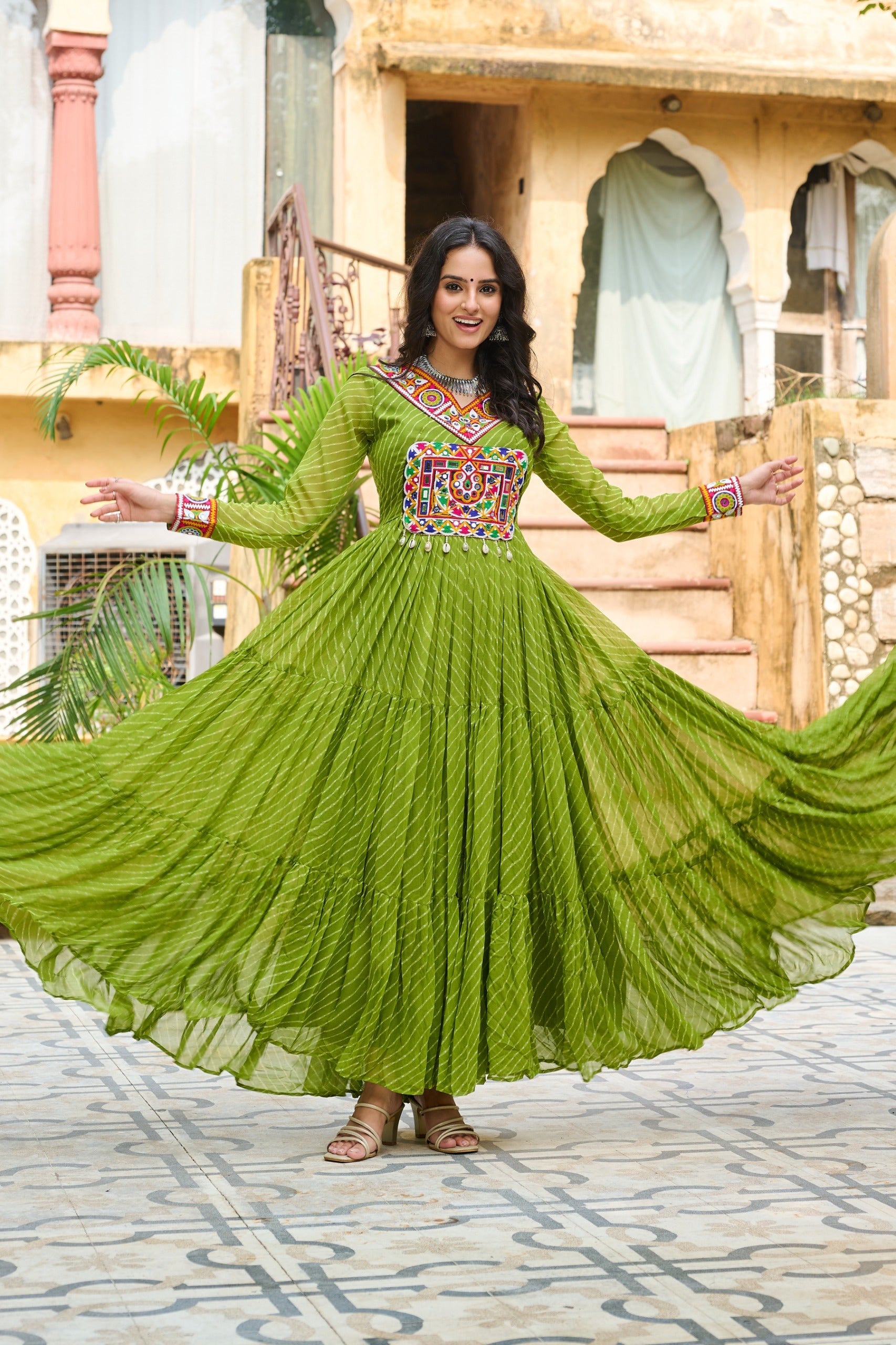 Prazu Fashion Parrot Georgette Leheriya Print Work With Kutchi Patchework Navaratri Gown | Grocsy