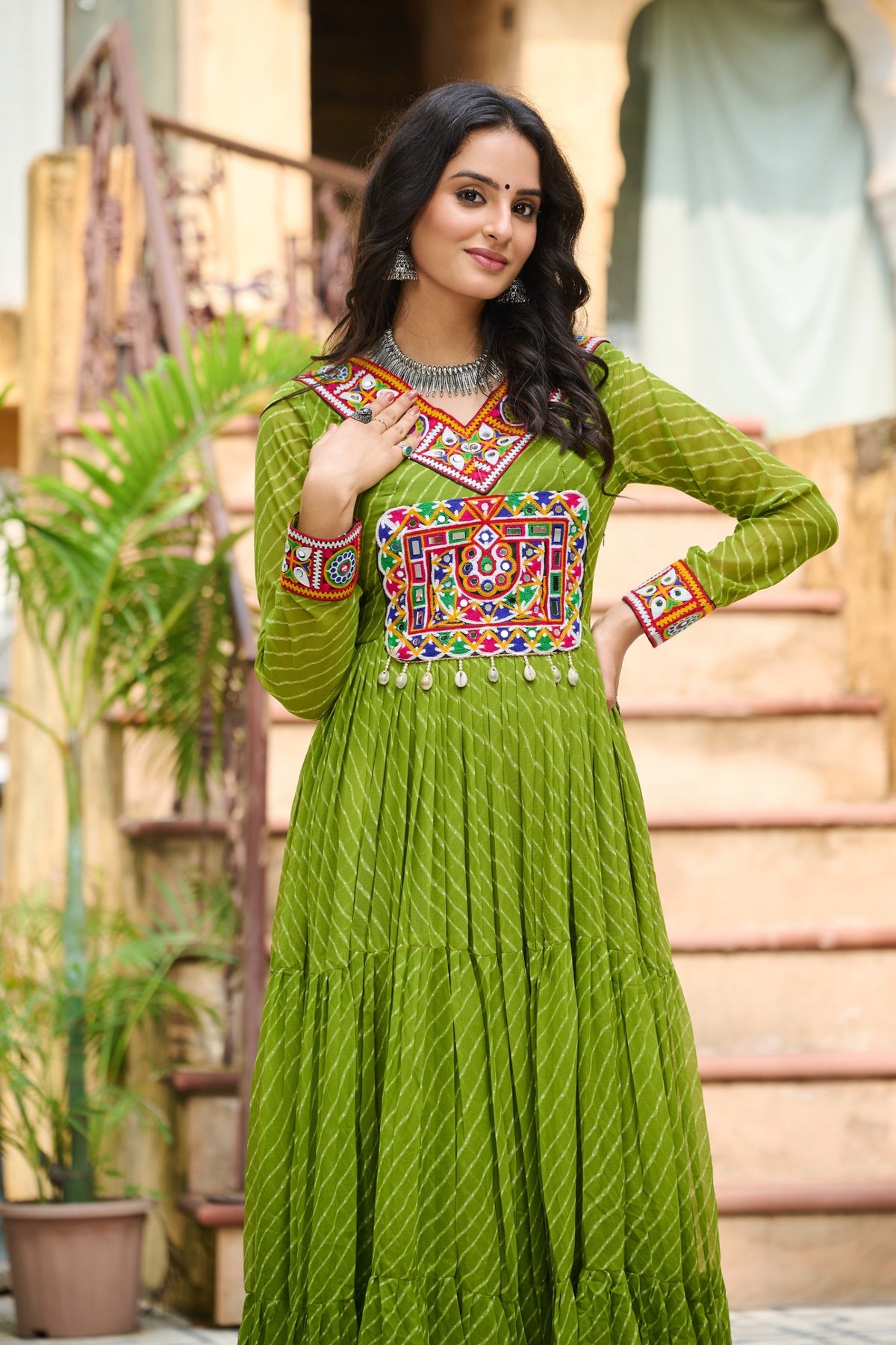 Prazu Fashion Parrot Georgette Leheriya Print Work With Kutchi Patchework Navaratri Gown | Grocsy