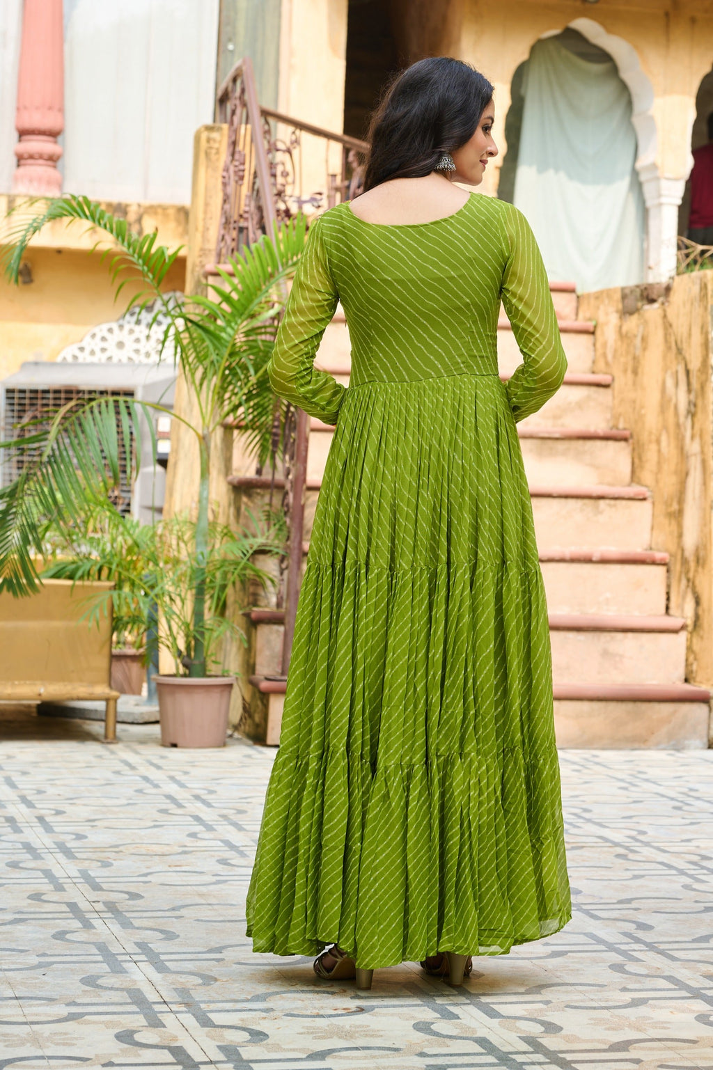 Prazu Fashion Parrot Georgette Leheriya Print Work With Kutchi Patchework Navaratri Gown | Grocsy