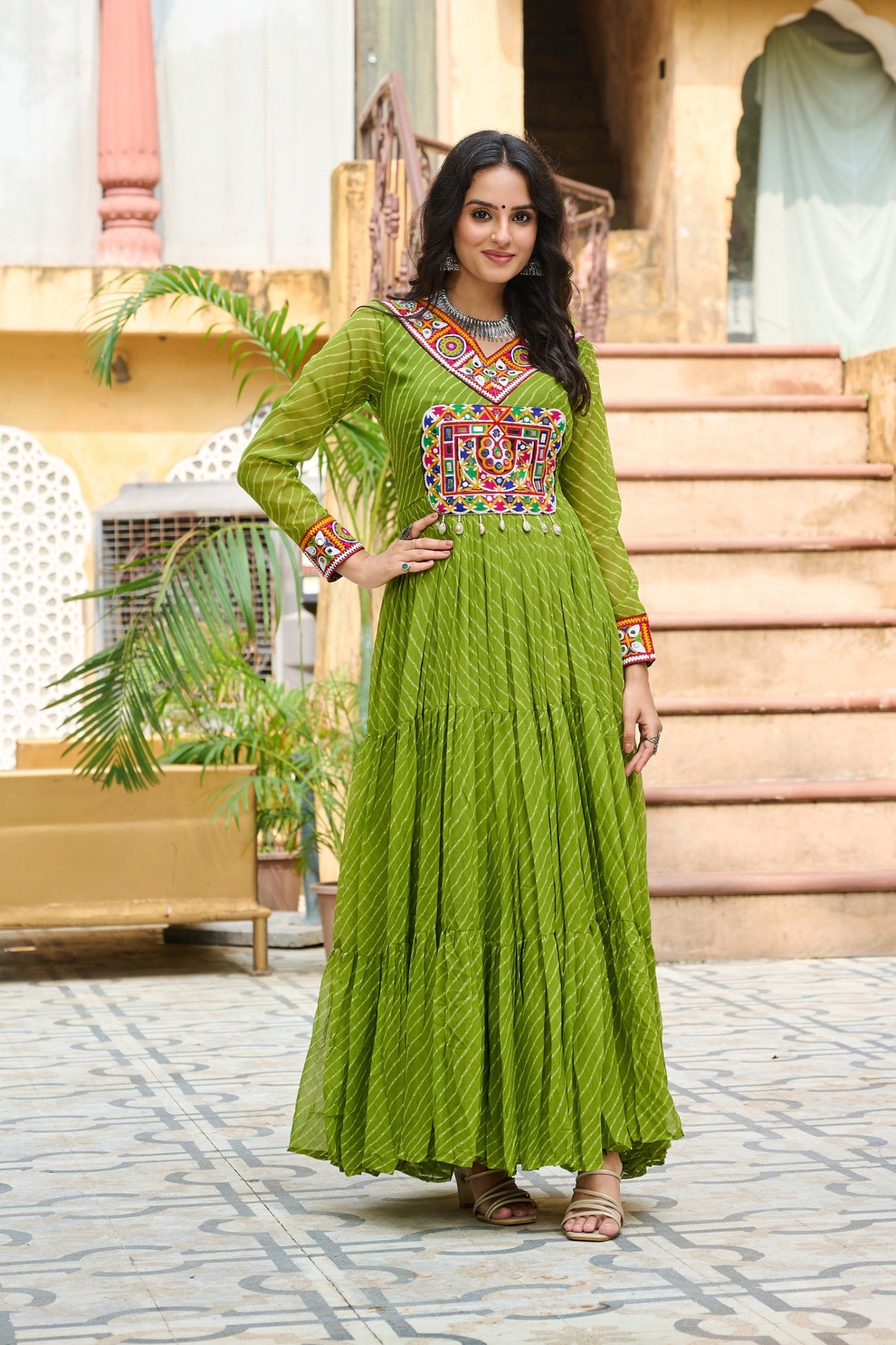 Prazu Fashion Parrot Georgette Leheriya Print Work With Kutchi Patchework Navaratri Gown | Grocsy