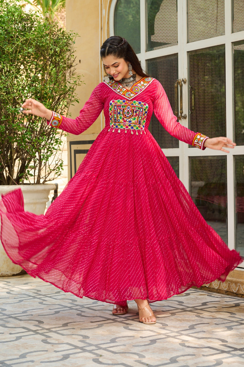 Prazu Fashion Pink Georgette Leheriya Print Work With Kutchi Patchework Navaratri Gown | Grocsy