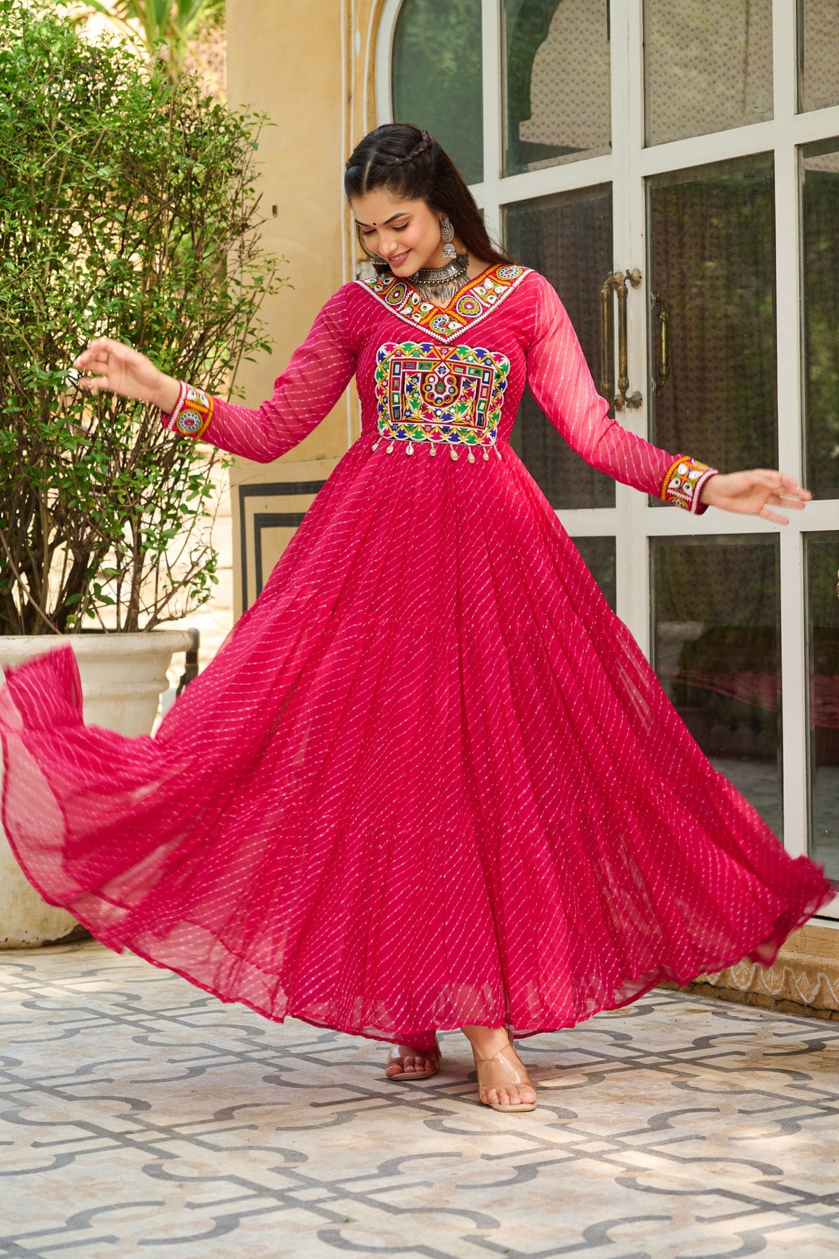 Prazu Fashion Pink Georgette Leheriya Print Work With Kutchi Patchework Navaratri Gown | Grocsy