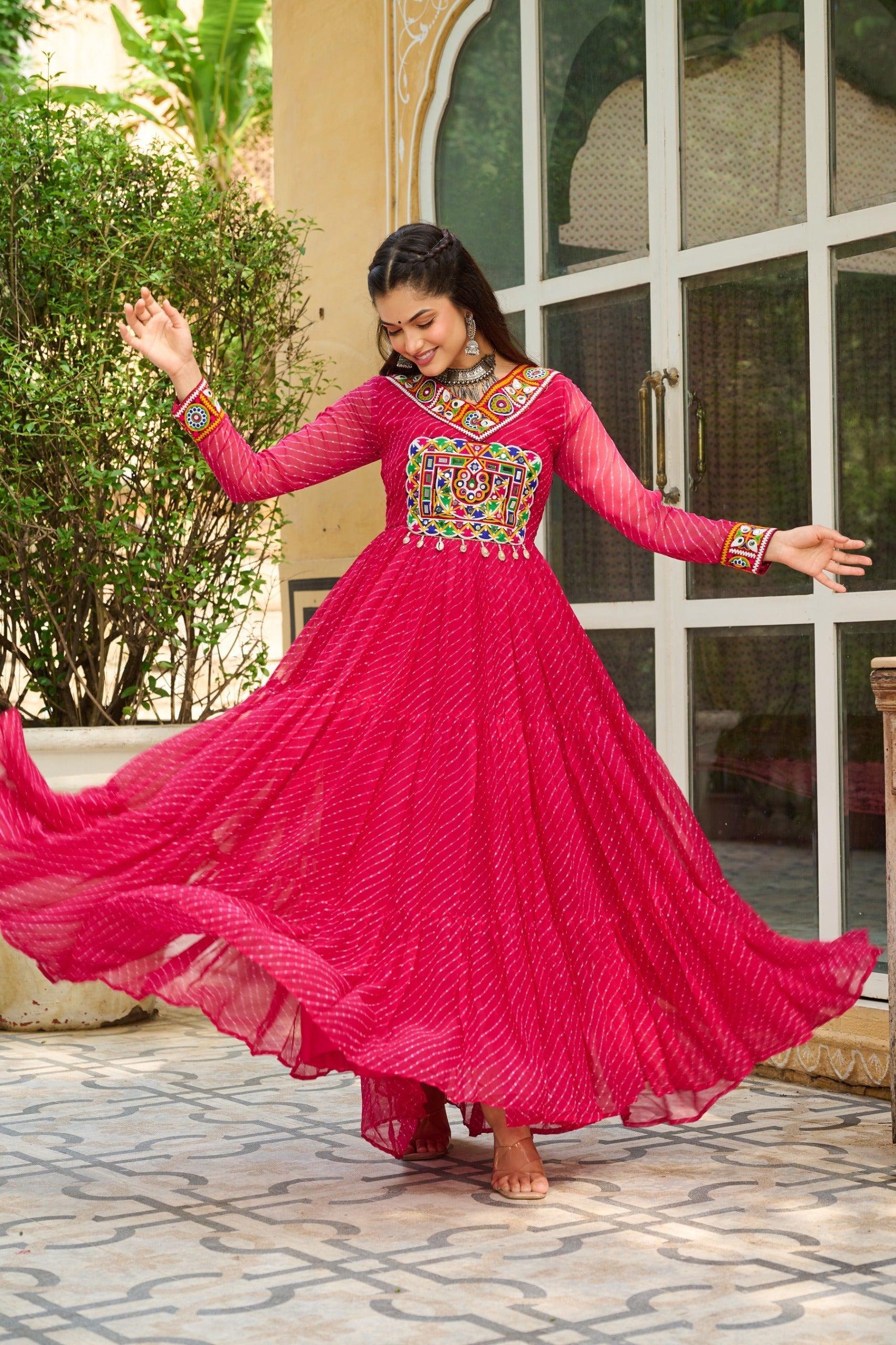 Prazu Fashion Pink Georgette Leheriya Print Work With Kutchi Patchework Navaratri Gown | Grocsy