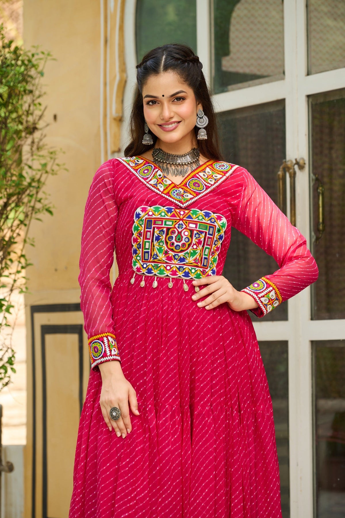 Prazu Fashion Pink Georgette Leheriya Print Work With Kutchi Patchework Navaratri Gown | Grocsy