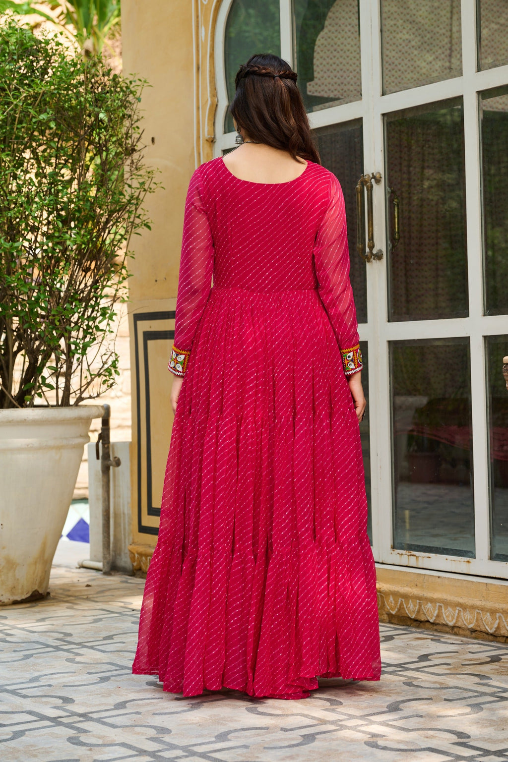 Prazu Fashion Pink Georgette Leheriya Print Work With Kutchi Patchework Navaratri Gown | Grocsy