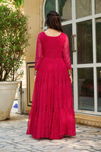 Prazu Fashion Pink Georgette Leheriya Print Work With Kutchi Patchework Navaratri Gown | Grocsy