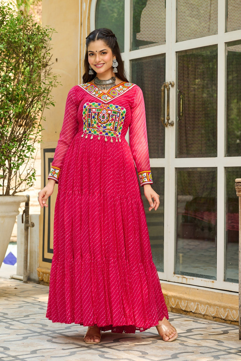 Prazu Fashion Pink Georgette Leheriya Print Work With Kutchi Patchework Navaratri Gown | Grocsy