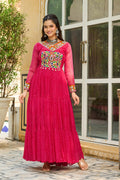 Prazu Fashion Pink Georgette Leheriya Print Work With Kutchi Patchework Navaratri Gown | Grocsy