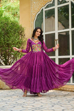 Prazu Fashion Wine Georgette Leheriya Print Work With Kutchi Patchework Navaratri Gown | Grocsy