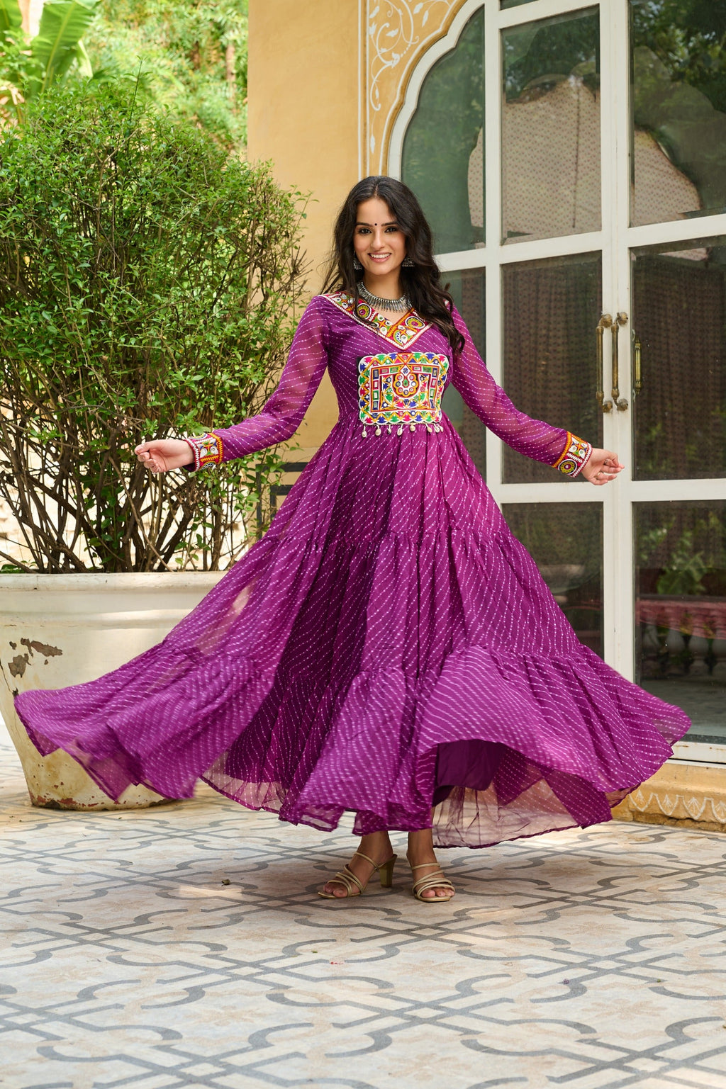 Prazu Fashion Wine Georgette Leheriya Print Work With Kutchi Patchework Navaratri Gown | Grocsy