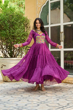 Prazu Fashion Wine Georgette Leheriya Print Work With Kutchi Patchework Navaratri Gown | Grocsy