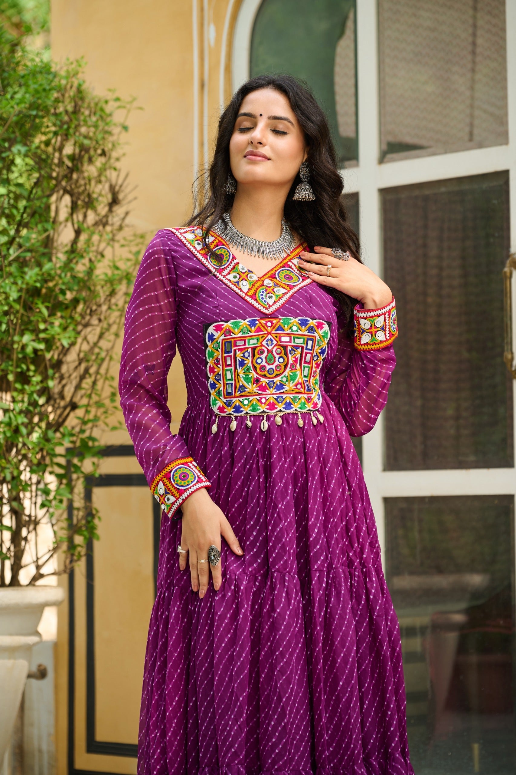 Prazu Fashion Wine Georgette Leheriya Print Work With Kutchi Patchework Navaratri Gown | Grocsy