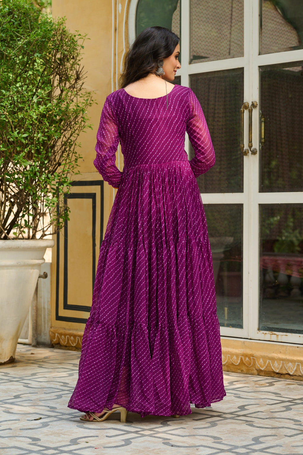 Prazu Fashion Wine Georgette Leheriya Print Work With Kutchi Patchework Navaratri Gown | Grocsy