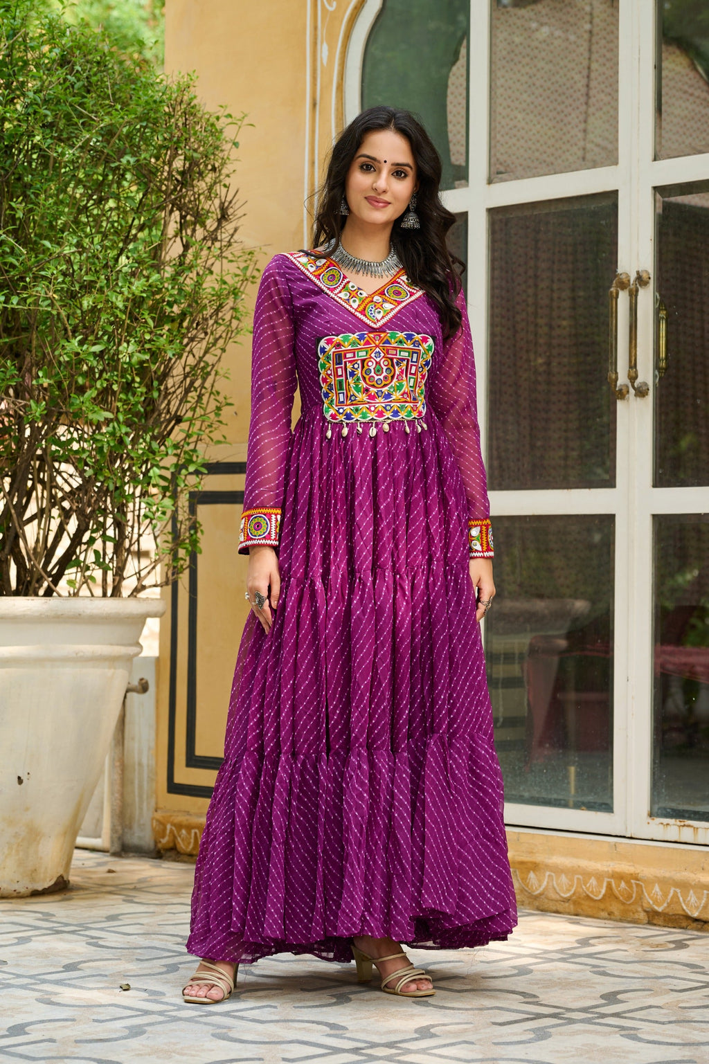 Prazu Fashion Wine Georgette Leheriya Print Work With Kutchi Patchework Navaratri Gown | Grocsy