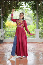 Prazu Fashion Maroon Reyon Kutchi Gamthi Work Navaratri Gown | Grocsy