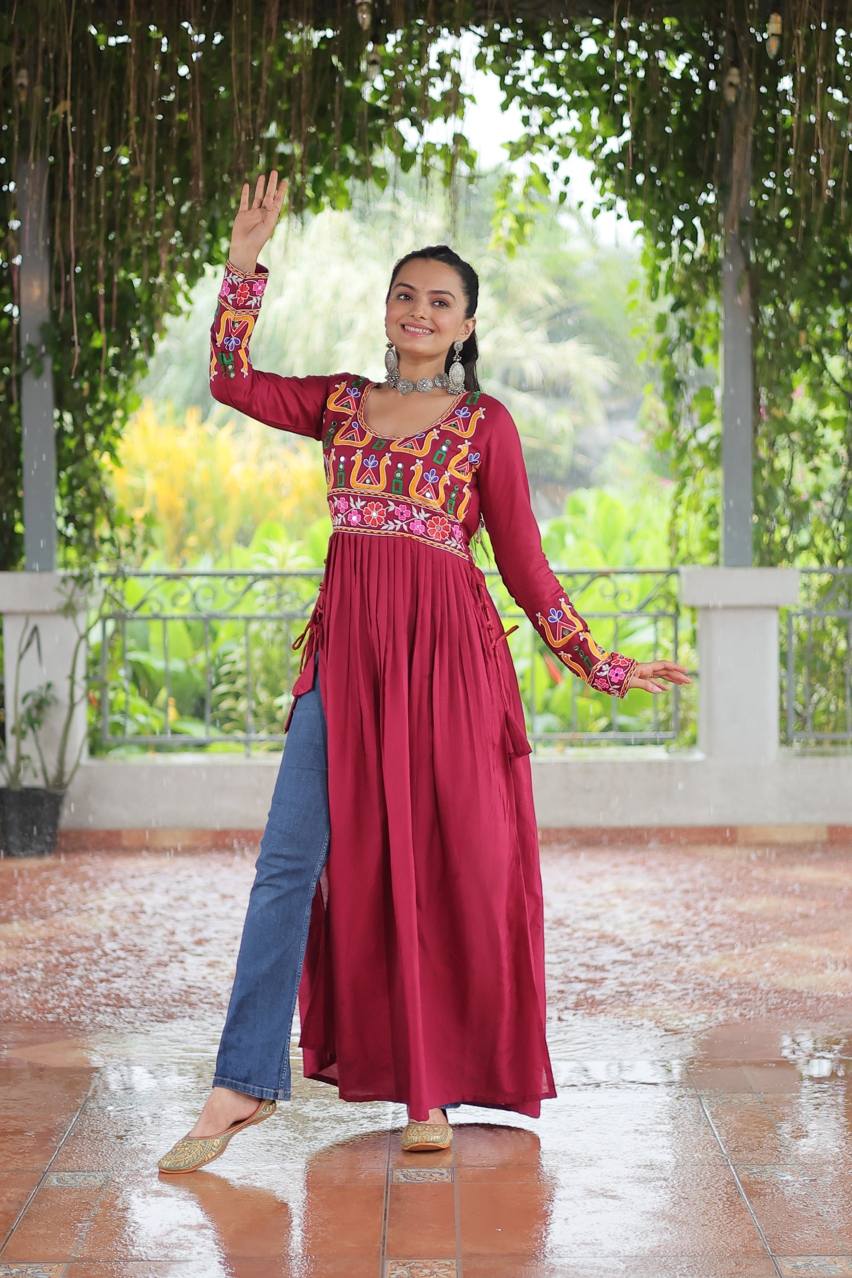 Prazu Fashion Maroon Reyon Kutchi Gamthi Work Navaratri Gown | Grocsy