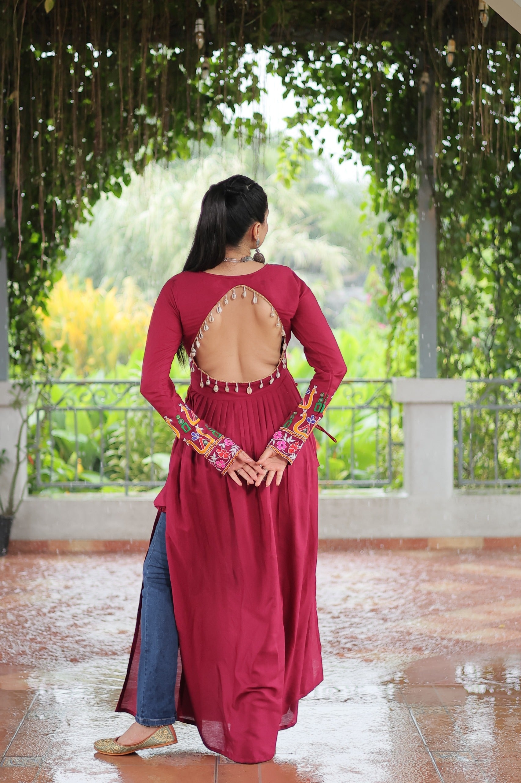 Prazu Fashion Maroon Reyon Kutchi Gamthi Work Navaratri Gown | Grocsy