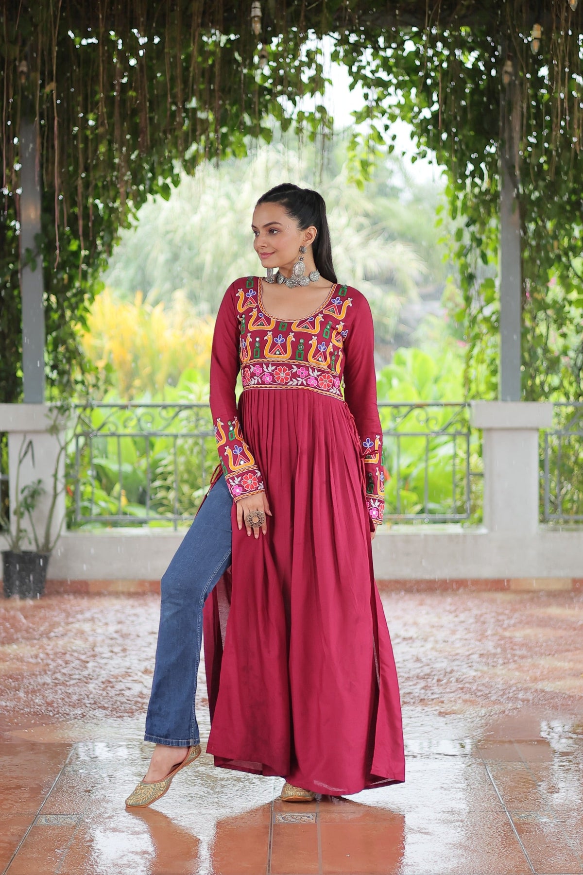 Prazu Fashion Maroon Reyon Kutchi Gamthi Work Navaratri Gown | Grocsy