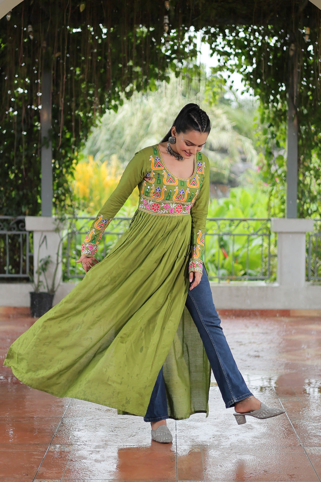 Prazu Fashion Parrot Reyon Kutchi Gamthi Work Navaratri Gown | Grocsy