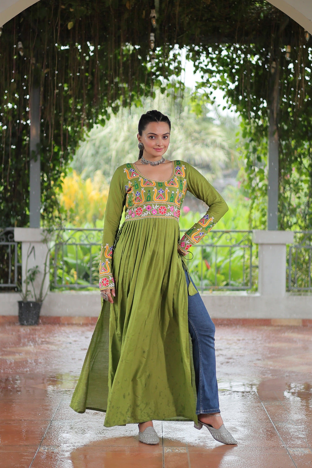 Prazu Fashion Parrot Reyon Kutchi Gamthi Work Navaratri Gown | Grocsy