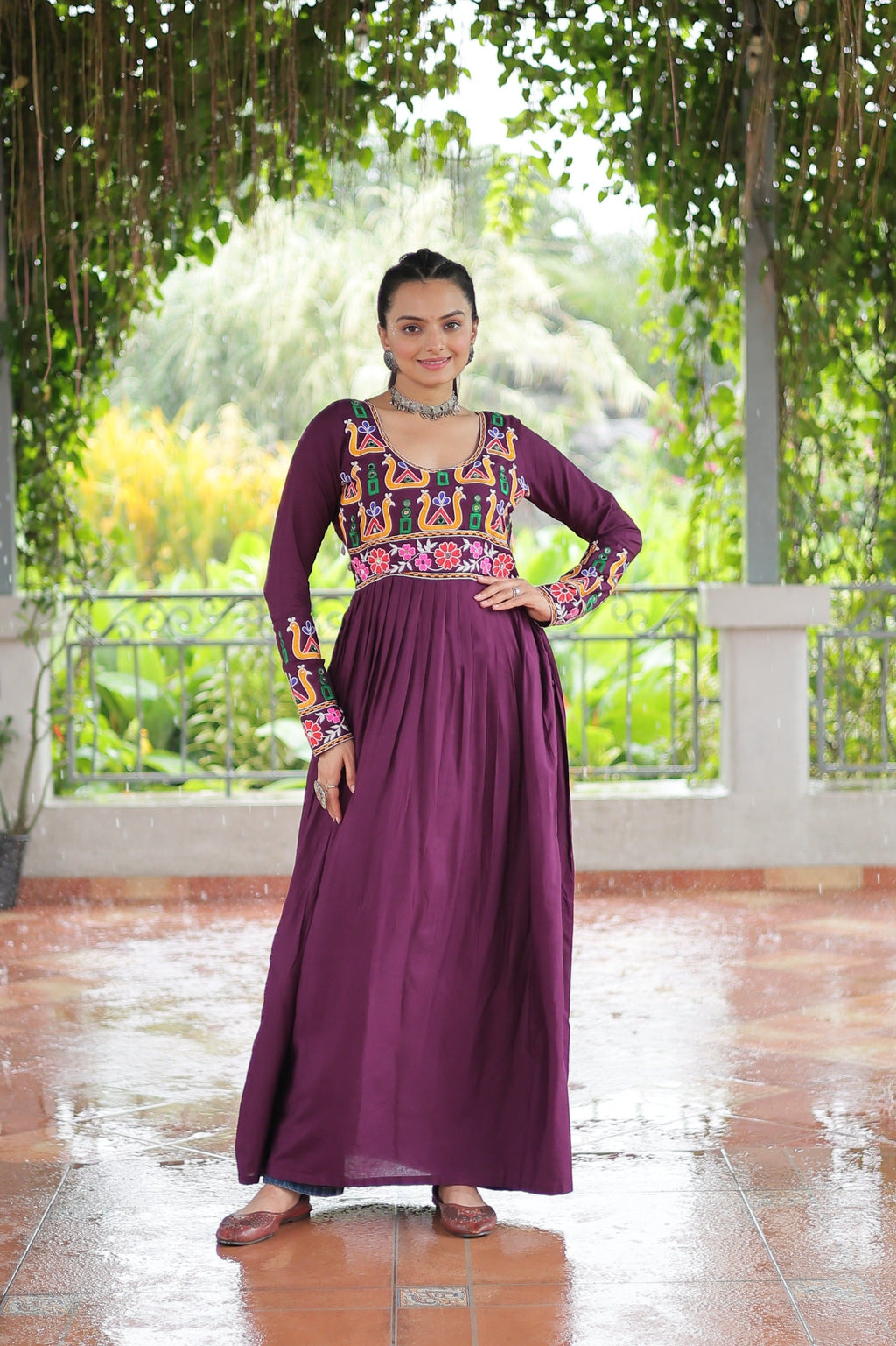 Prazu Fashion Wine Reyon Kutchi Gamthi Work Navaratri Gown | Grocsy