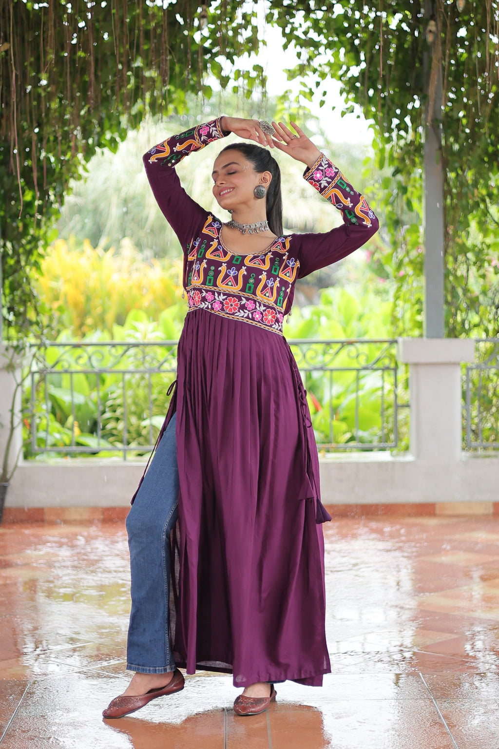 Prazu Fashion Wine Reyon Kutchi Gamthi Work Navaratri Gown | Grocsy