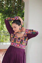 Prazu Fashion Wine Reyon Kutchi Gamthi Work Navaratri Gown | Grocsy