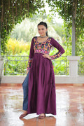 Prazu Fashion Wine Reyon Kutchi Gamthi Work Navaratri Gown | Grocsy