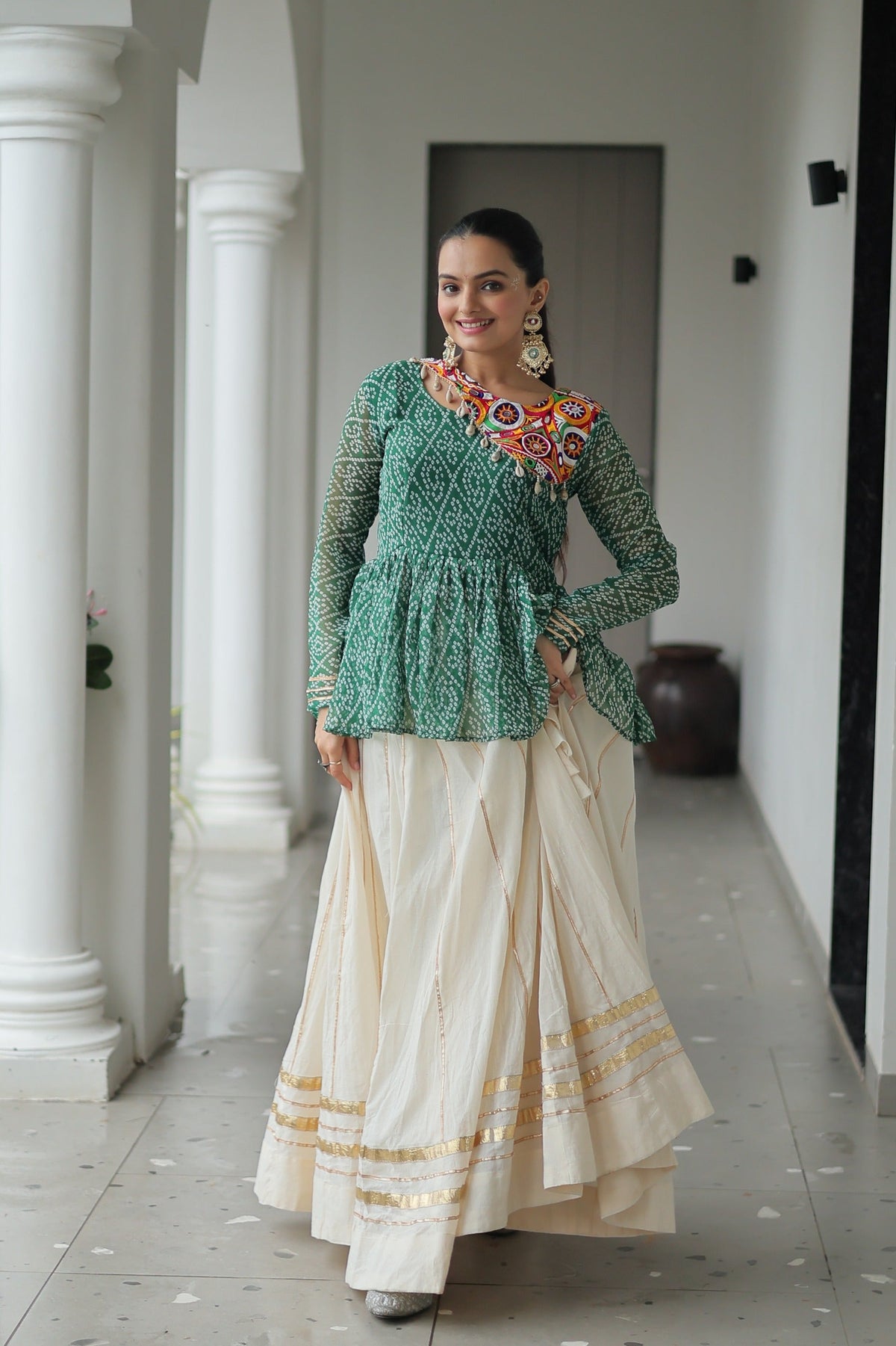 Prazu Fashion Green Bandhani Print Work With Kutchi Gamthi Patchework Navaratri Lehenga | Grocsy