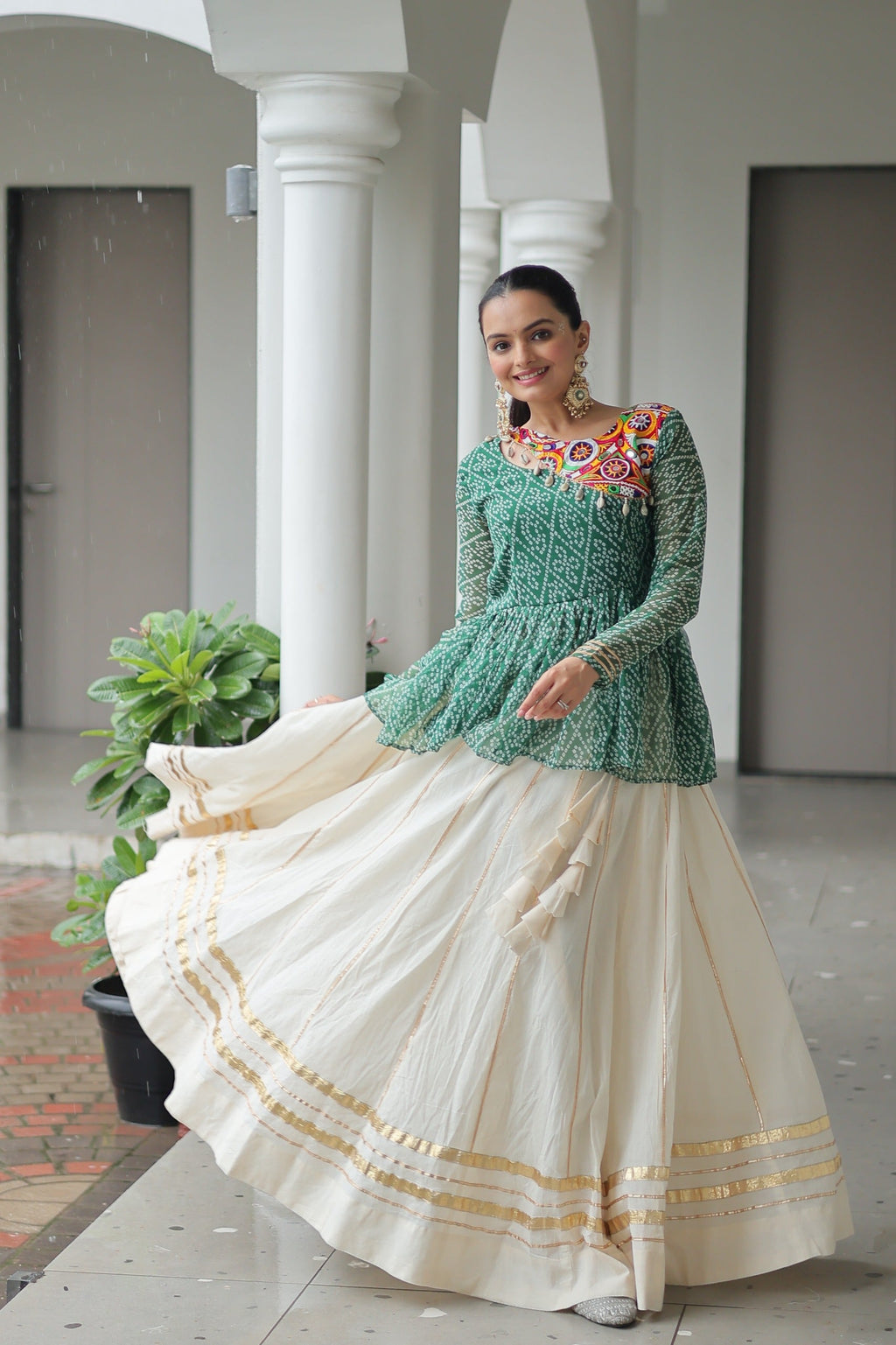 Prazu Fashion Green Bandhani Print Work With Kutchi Gamthi Patchework Navaratri Lehenga | Grocsy