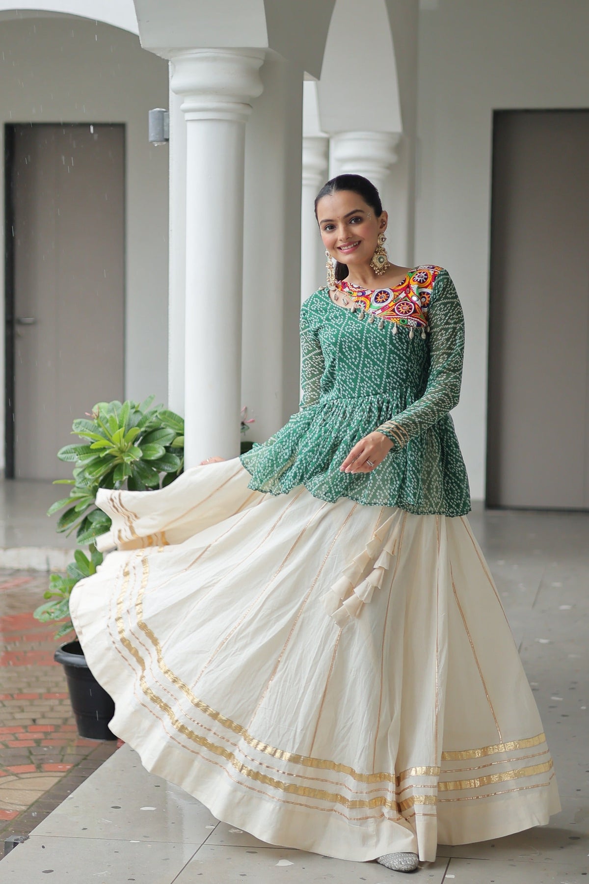 Prazu Fashion Green Bandhani Print Work With Kutchi Gamthi Patchework Navaratri Lehenga | Grocsy