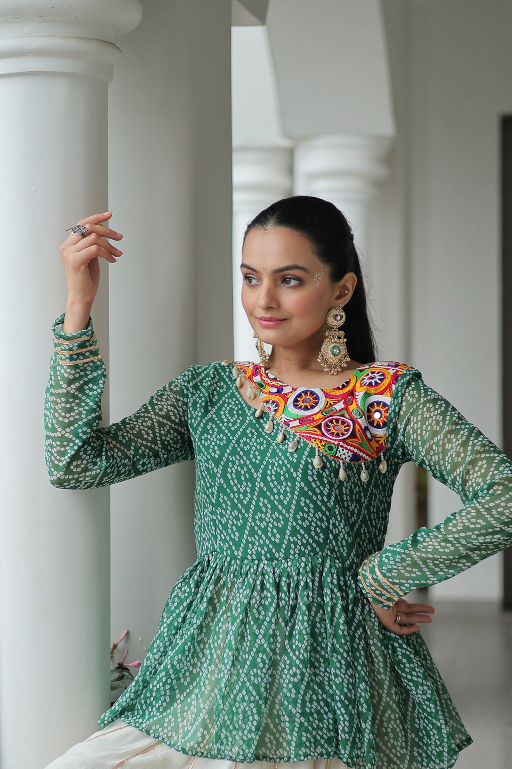 Prazu Fashion Green Bandhani Print Work With Kutchi Gamthi Patchework Navaratri Lehenga | Grocsy