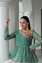 Prazu Fashion Green Bandhani Print Work With Kutchi Gamthi Patchework Navaratri Lehenga | Grocsy