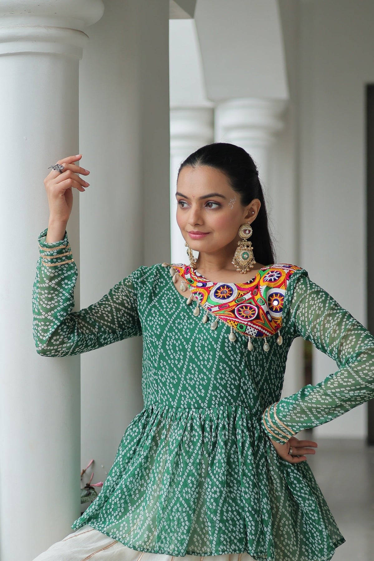 Prazu Fashion Green Bandhani Print Work With Kutchi Gamthi Patchework Navaratri Lehenga | Grocsy