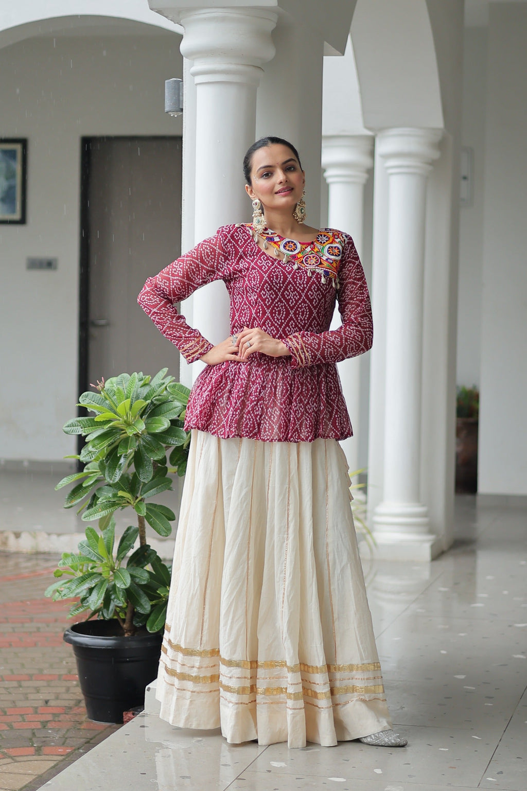 Prazu Fashion Wine Bandhani Print Work With Kutchi Gamthi Patchework Navaratri Lehenga | Grocsy