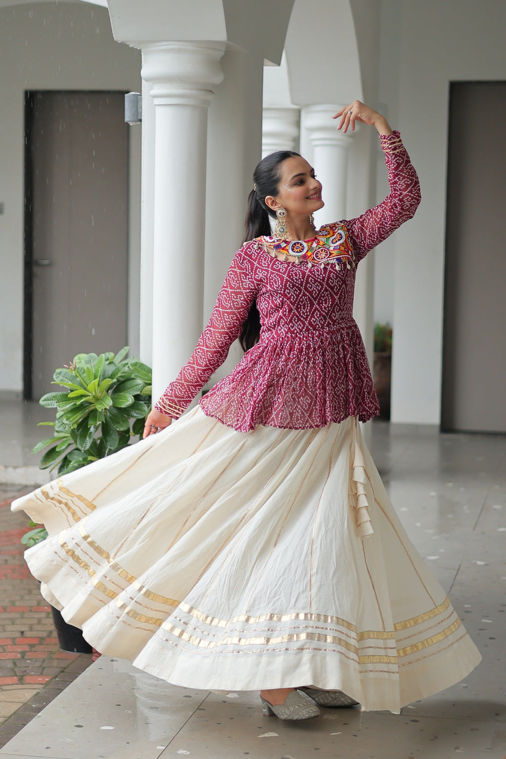 Prazu Fashion Wine Bandhani Print Work With Kutchi Gamthi Patchework Navaratri Lehenga | Grocsy